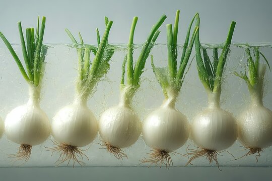 A collection of fresh white onions with green tops isolated against a clear backdrop