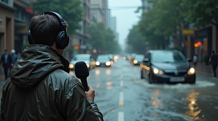 Field reporter covering urban flooding during rainfall