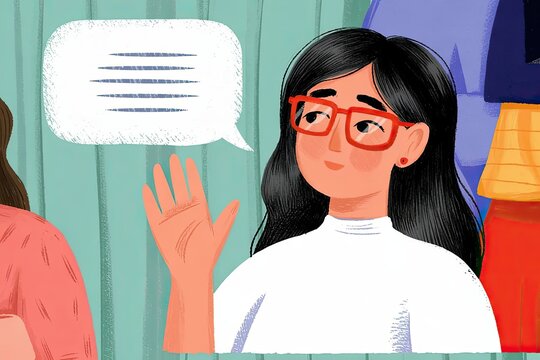 A confident woman in glasses raises her hand, ready to speak, with a speech bubble symbolizing active participation, communication, and idea sharing in a group.