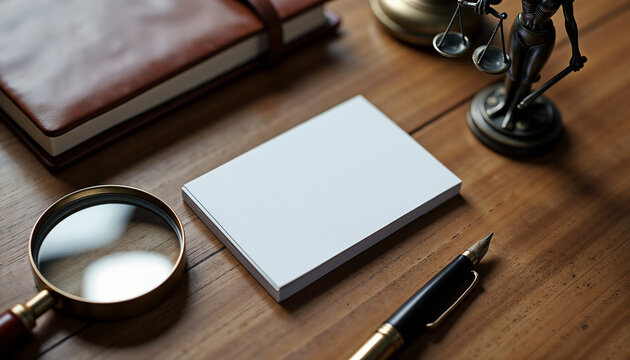 Mockup business card for a security agency, detective with magnifying glass and femida on the table