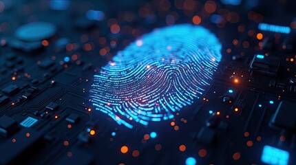 Digital fingerprint glowing in blue on a electronic circuit board