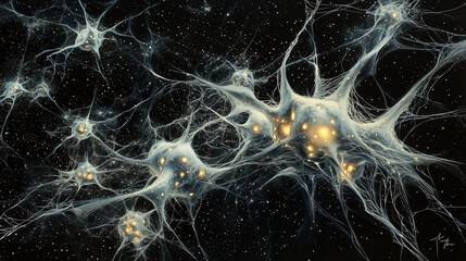 Abstract neural network or cosmic web illustration with glowing connections and branching filaments. A surreal fusion of biology and outer space themes, perfect for science or technology concepts.
