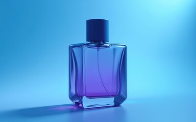 On a blue background there is a glass bottle of perfume