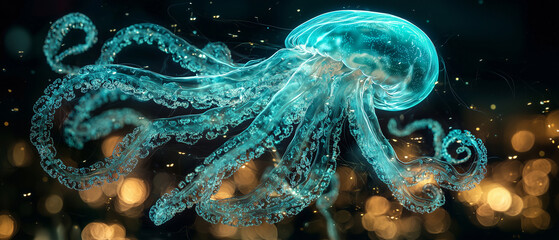 A glowing blue jellyfish with long tentacles drifting gracefully through the deep sea, rendered in a dreamy fantasy style. Perfect for oceanic science visuals or underwater themed design.
