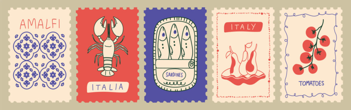 Summer Italy. Amalfi. Vector illustration of postage stamps. Features Mediterranean food like lobster, sardines, pears and tomatoes. Ideal for prints, posters, or placards.