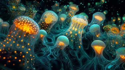 A swarm of glowing orange and blue jellyfish drifting through a dark ocean environment, captured in a surreal and bioluminescent fantasy art style. Ideal for science, nature, or fantasy-themed designs