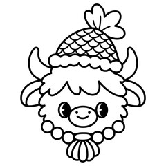 cute kawaii Highland Cow outline cartoon doodle illustration