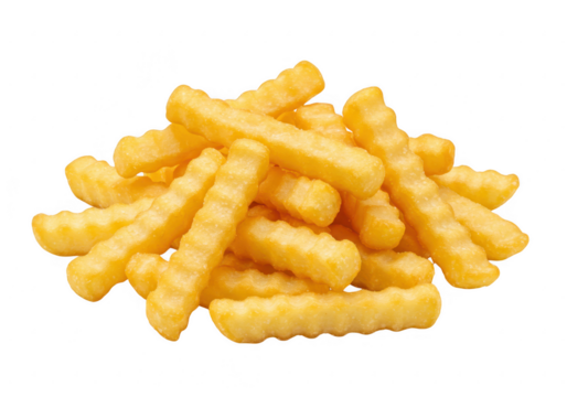 Pile of crispy crinkle cut french fries isolated on transparent background