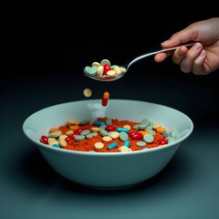 soup bowl filled with various tablets, capsules, pills of different colors, and powdered medicine. In the frame, there is a hand holding a spoon with pills scooped up