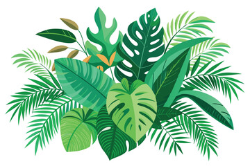 Vector Illustration of Tropical Green Leaves Arrangement on White Background Featuring Exotic Palms and Monstera Leaves for Natural and Summer Themes