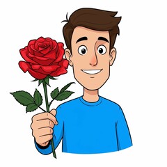 Smiling young man holding a red rose cartoon.