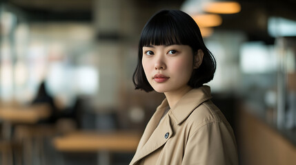 Portrait of a stylish young woman with black hair, wearing a beige trench coat in a softly lit caf&eacute; or office setting. Serene and fashionable.