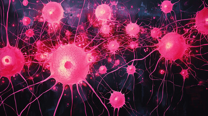 A densely clustered pink neuron network resembling a cellular growth pattern, depicted in glowing biological detail. Ideal for scientific education, neurology visuals, or futuristic concept art.
