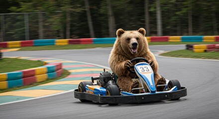 Bear Go-Kart Racing Champion - A brown bear enjoys a thrilling go-kart race, showcasing its surprising driving skills and playful nature