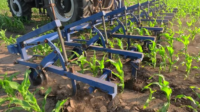 The tractor with interrow cultivator in corn field for mechanical weed control between the plant rows, slow motion. Spring day landscape, rural scene. Low angle view - close up