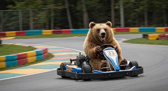 Bear Go-Kart Racing Champion - A brown bear enjoys a thrilling go-kart race, showcasing its surprising driving skills and playful nature