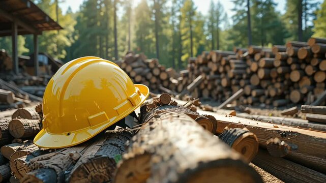 Yellow construction helmet on cut wood logs at lumberyard with natural sunlight
