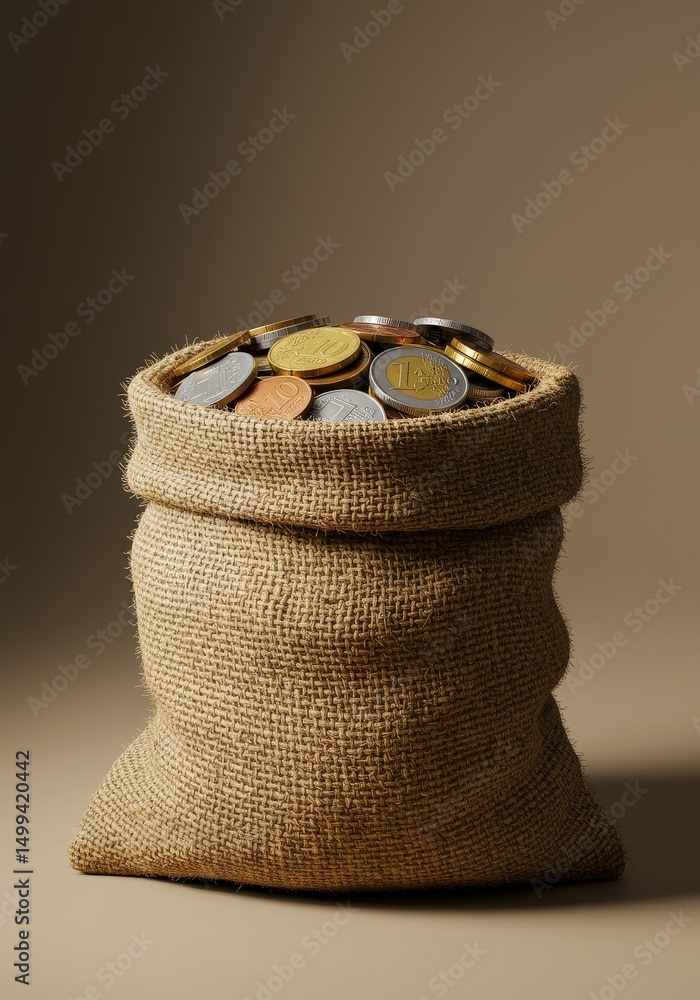 Poster burlap sack full of coins - a burlap sack overflowing with various coins sits against a neutral back