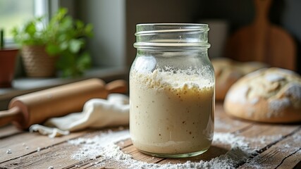Rustic sourdough starter jar on wooden kitchen table with fresh bread and rolling pin