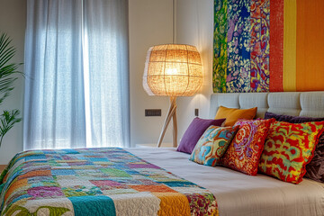 Bright bedroom with contrasting colors, designer lamp and unusual textile elements