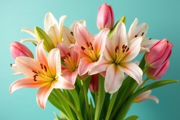 Fototapeta premium Vibrant Easter lilies and tulips in a spring bouquet , daffodils, botany, Easter