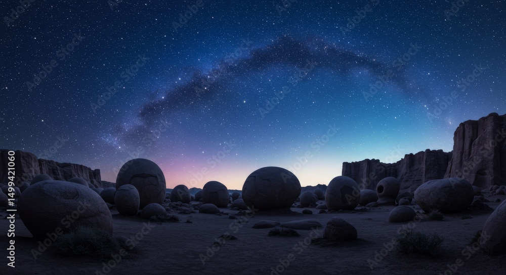 Poster celestial spheres and starry cliffs - surreal landscape of rounded rocks, towering cliffs, and a vib
