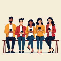 Obraz premium Flat Illustration of Multiple People Sitting Together Yet Isolated by Their Phones, Representing Digital Disconnection and Modern-Day Alienation in Urban Life 