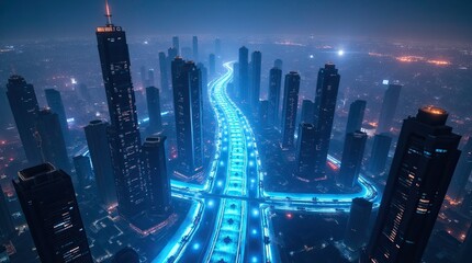 Futuristic city skyline at night with illuminated skyscrapers 