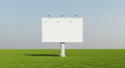 Blank white billboard in green field against clear blue sky
