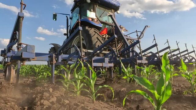 The tractor with interrow cultivator in corn field for mechanical weed control between the plant rows, slow motion. Spring day landscape, rural scene. Low angle view - close up