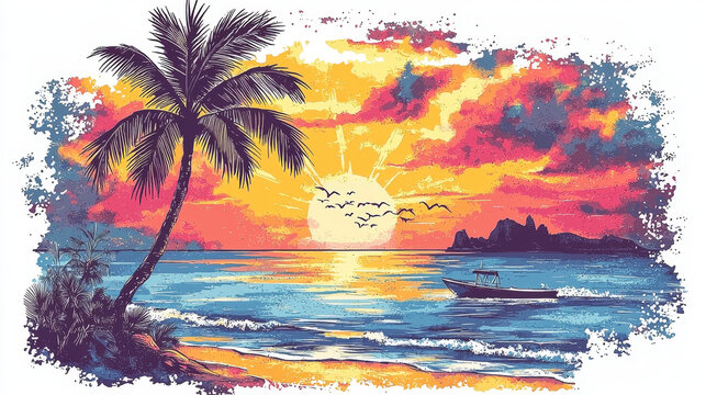 vector summer beach sunset with palm tree, Long beach, summer vibes hand draw, summer beach slogan with beach illustration, Hawaii, Aloha surf typography for t-shirt print , beach vector print