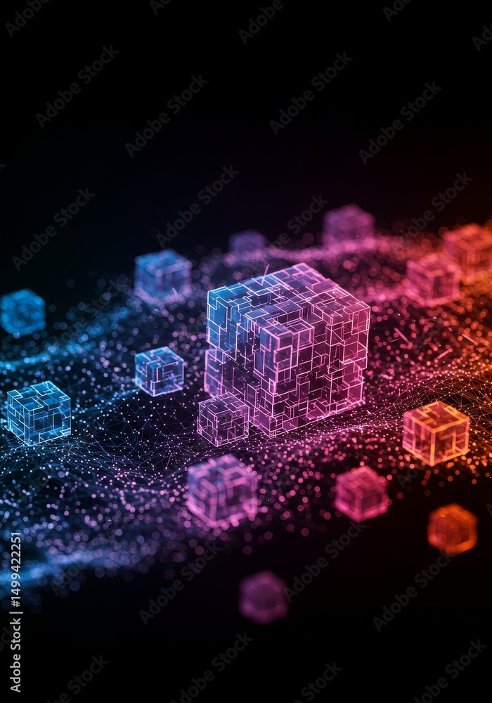 Aufkleber cube network - abstract of glowing cubes forming a network, representing data, technology, or connec