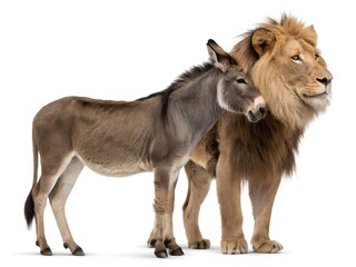 Obraz premium Donkey and Lion Standing Together on White Background, 8K
