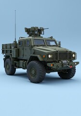 Detailed Model of Military Truck on Light Blue Background - Military vehicle, tactical transport, armored truck, high mobility, defense system. Symbolizing power, protection, defense, mobility