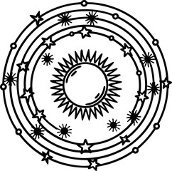 Naklejka premium sun and stars celestial mandala with planetary orbits and cosmic symbols