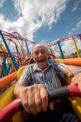 Obraz premium An elderly man seated inside a colorful roller coaster car, smiling wide with excitement while joyful roller coaster car in amusement park. Thrilling adventure for entertainment, Weekend activity