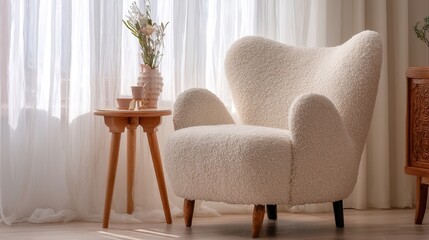 Modern living room corner with plush armchair and wooden side table, elegant home decor with a cozy ambiance.