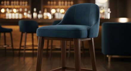 Empty blue velvet bar stool in upscale pub or restaurant interior