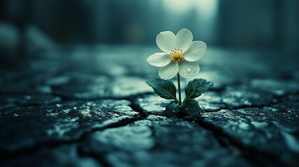 White Flower Growing Through Cracked Asphalt Hope and Nature Urban Survival Concept