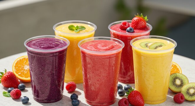 Colorful assortment of fresh fruit smoothies with berries and kiwi