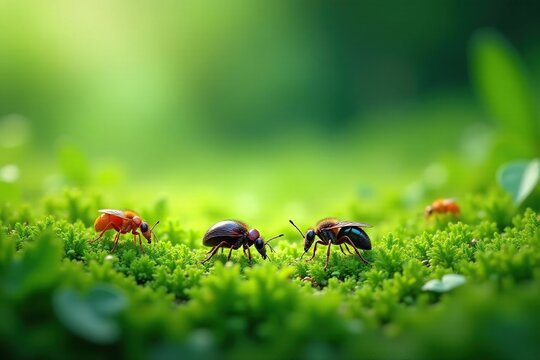 Close-up of a lush green field with various insects and small animals feeding, showcasing a vibrant ecosystem , food chain, beetles