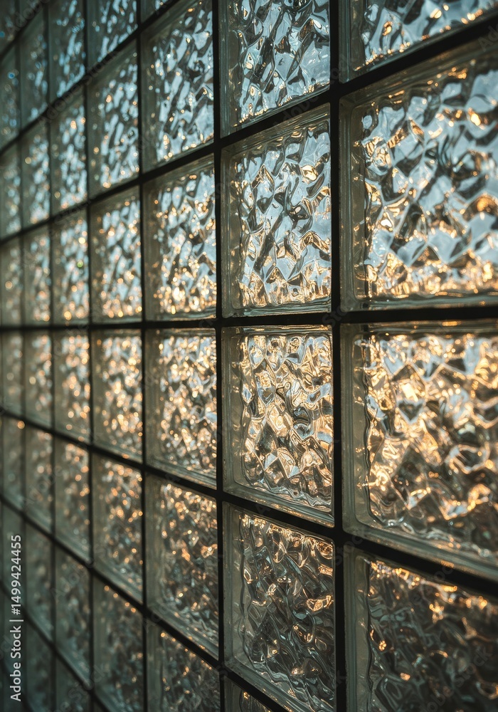 Poster glass block wall texture - close-up view of a textured glass block wall, illuminated by warm light. 