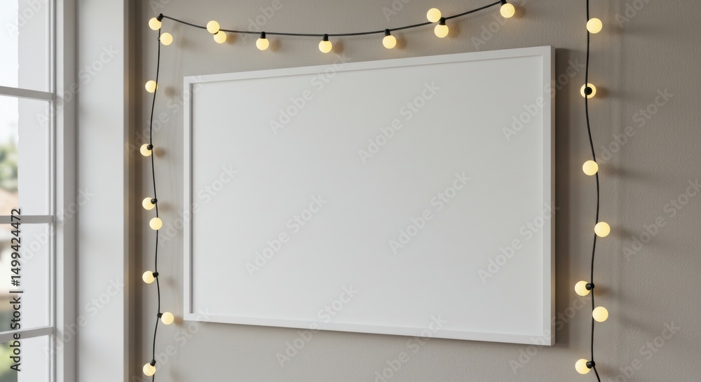 Poster blank white canvas with string lights on wall by window for art display concept