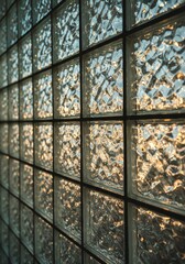 Glass Block Wall Texture - Close-up view of a textured glass block wall, illuminated by warm light. The showcases the intricate patterns within each block