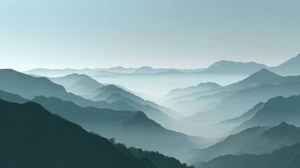 Peaceful Mountain Landscape with Layered Haze and Gentle Dawn Light