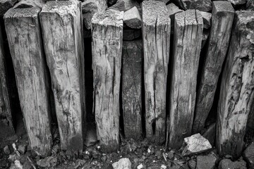 Stacked weathered wooden posts