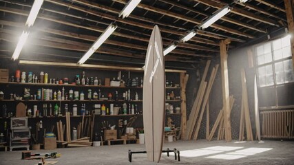 A handcrafted surfboard stands upright in a well-lit workshop. The space features wooden beams, shelves filled with tools, and various materials for water sports - Powered by Adobe