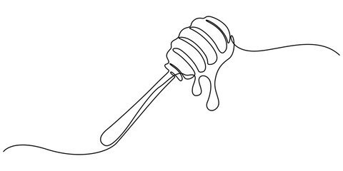 Vector continuous one single line drawing of honey on dipper in silhouette on a white background. Linear stylized, Honey dripping from honey dipper, continuous line drawing, tattoo, print for clothes.