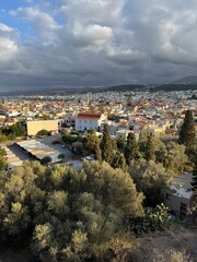Panoramic view of a historic old town on the island of Crete, Greece. Traditional stone houses,...