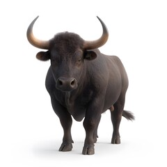 Majestic dark bull with curved horns stands powerfully on a whit